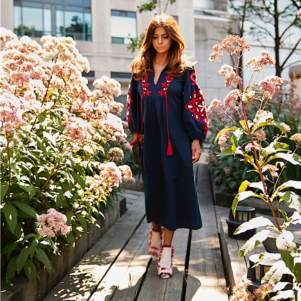 ZARA Navy Dress with Red Embroidery